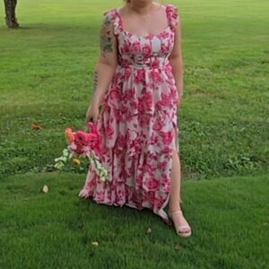 Revelry Poppy Chiffon Floral Print Dress In Hot Pink Garden